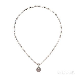 18kt White Gold and Diamond Necklace with Tahitian Pearl Pendant
