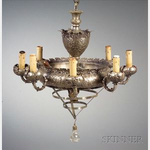 Victorian Silver Plate and Colorless Glasss Eight Light Chandelier