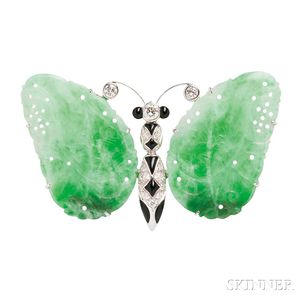 White Gold, Jade, Diamond, and Onyx Butterfly Brooch