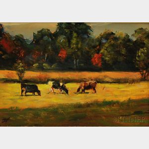 Attributed to Moshe Rosenthalis (Lithuanian/Israeli, 1922-2008) Cows Grazing in Early Autumn.