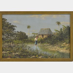 Escalante Diaz (Mexican-Cuban, 1865-1939) Cuban Landscape with Woman Wading