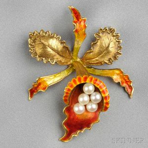 18kt Gold, Enamel, and Cultured Pearl Orchid Brooch, Bucherer