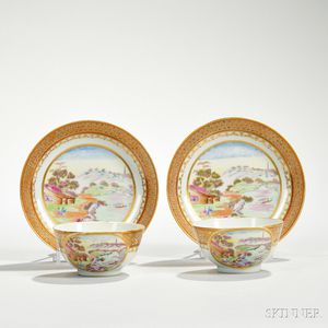 Pair of Export Famille Rose Cups and Saucers