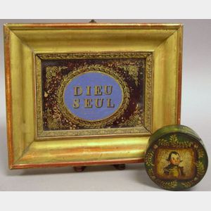 Framed Eglomise Panel Dieu Seul and a Small Painted Portrait Decorated Wooden Covered Box.
