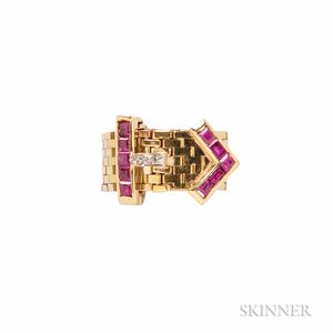Retro 14kt Gold, Ruby, and Diamond Buckle Ring