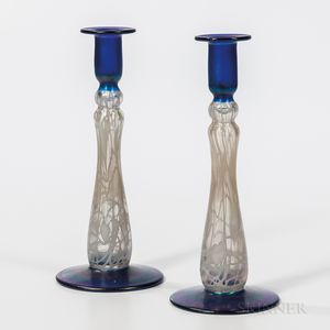 Pair of Imperial Art Glass Candlesticks with Hearts and Vine Decoration