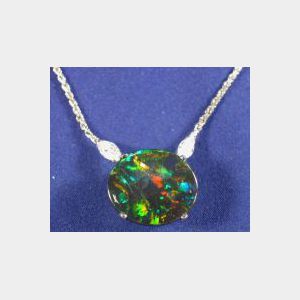 14kt White Gold, Black Opal, and Diamond Pendant Necklace