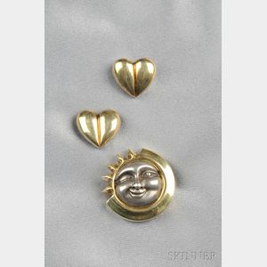 Sterling Silver and 14kt Gold Sun Pin and Earstuds, Kieselstein-Cord