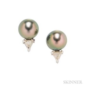 18kt White Gold, Tahitian Pearl, and Diamond Earstuds