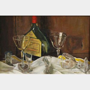 Arnold Whitman Knauth II (American, b. 1918) Tabletop Still Life with Cognac Bottle and Glasses.
