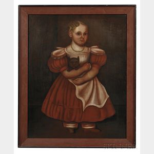 American School, Early 19th Century Portrait of a Girl in a Red Dress and Gold Bead Necklace Holding Her Cat.