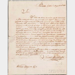 Huntington, Samuel H. (1765-1817) Letter Signed, 12 August 1810.