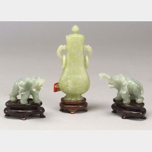 Chinese Carved Jade Covered Vase and a Pair of Carved Jade Elephants