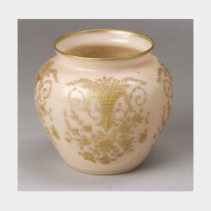 Cambridge Crown Tuscan Gilt Decorated Art Glass Vase.