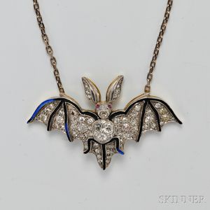 18kt Bicolor Gold, Diamond, and Enamel Vampire Bat Pendant