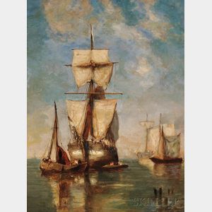 Paul Jean Clays (Belgian, 1819-1900) Sailing Vessels in Quiet Waters