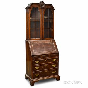 Queen Anne-style Walnut Veneer Glazed Secretary/Bookcase