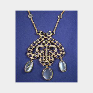 18kt Gold, Sapphire, Moonstone, and Diamond Pendant Necklace