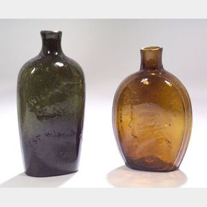 Two Colored Blown Molded Glass Flasks