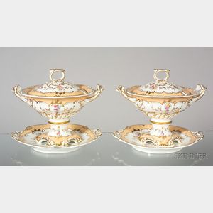 Pair of Ridgway Porcelain Covered Sauce Tureens and Stands