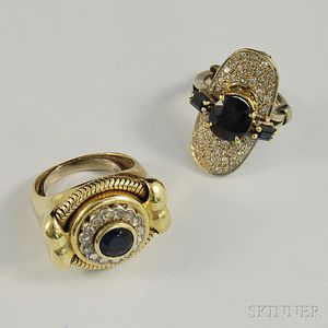 Two 14kt Gold, Sapphire, and Diamond Cocktail Rings