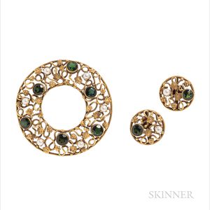 14kt Gold, Green Tourmaline, and Cultured Pearl Brooch and Earrings