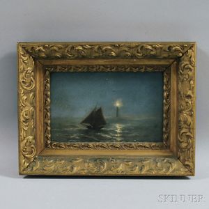 American School, 20th Century Nighttime Seascape with Sailboat and Beacon.