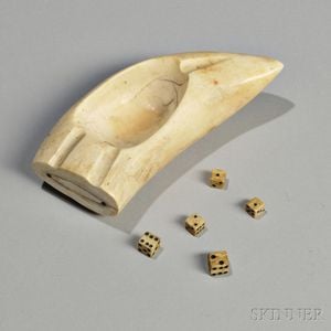 Carved Whale's Tooth with Five Miniature Whalebone Dice