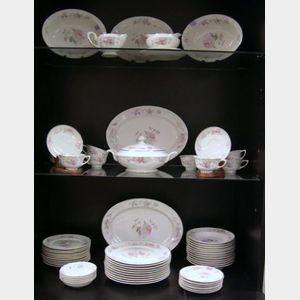 Seventy-five Piece Warwick Pink Rose Transfer Decorated Porcelain Partial Dinner Service.