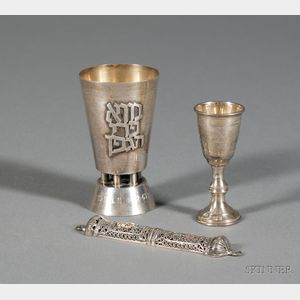 Two Silver Kiddush Cups and a Silver Filigree Mezuzah