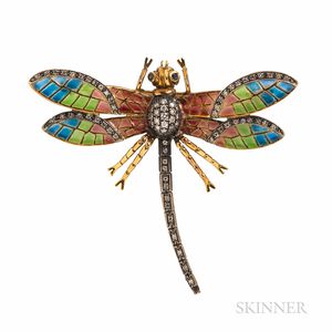 18kt Gold, Plique-a-jour Enamel, and Diamond Dragonfly Brooch