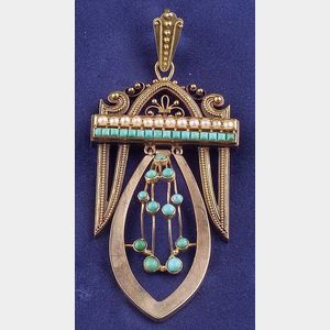 Victorian 14kt Gold, Turquoise, and Seed Pearl Pendant/Brooch