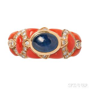 18kt Gold, Sapphire, and Coral Ring