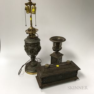 Metal Urn, Box, and Lamp