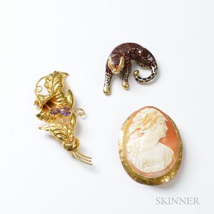 14kt Gold and Enamel Leopard Scarf Ring, 10kt Gold Cameo Brooch, and 10kt Gold and Amethyst Floral Brooch