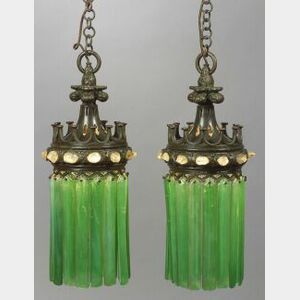 Two Bronze Moorish Clear Glass Jewel and Green Prism Glass Lamps