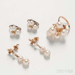 14kt Gold and Cultured Pearl Cluster Ring and Two Pairs of Earrings