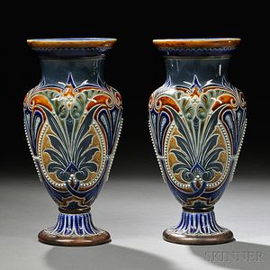 Pair of Doulton Lambeth Emily Stormer Decorated Stoneware Vases