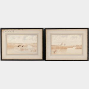 Joseph Day Knap (American, 1875-1962) Two Watercolors of Ducks in Flight over a Marsh