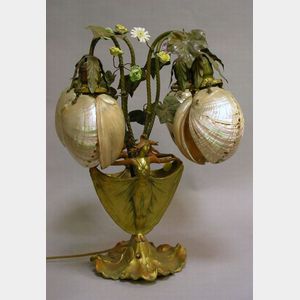 Art Nouveau Style Patinated Cast Metal Figural and Porcelain Floral Table Lamp with Abalone Shades.