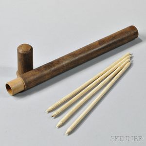 Turned Wood Needle Case and Set of Four Bone Knitting Needles