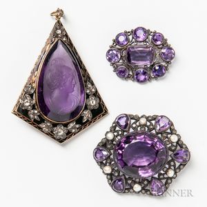 14kt Gold, Enamel, Amethyst and Diamond Pendant and Two Silver and Amethyst Brooches