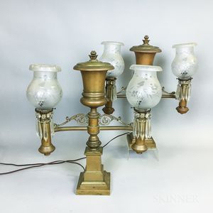 Pair of Brass and Etched Glass Two-light Argand Lamps