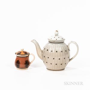 Slip-decorated Mochaware Mustard Pot and a Pearlware Teapot