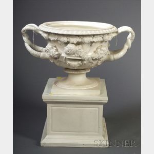 Smear Glazed White Stoneware Urn on Stand
