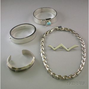 Mexican Silver Necklace, Brooch, and Two Bracelets, and a Tom Hawk Silver Bracelet.