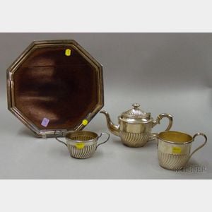 Three-piece Silver Plated Tete-a-Tete Tea Set with Octagonal Wood-inset Salver.
