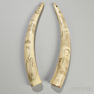 Pair of Scrimshaw-decorated Walrus Tusks