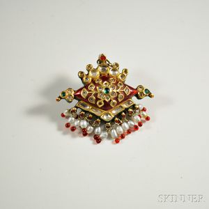 Indian 18kt Gold, Enamel, Pearl, and Gemstone Pendant