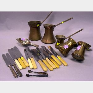 Five Brass Sauce Pots and a Group of Ivorene and Silver Plated Knives, Etc.